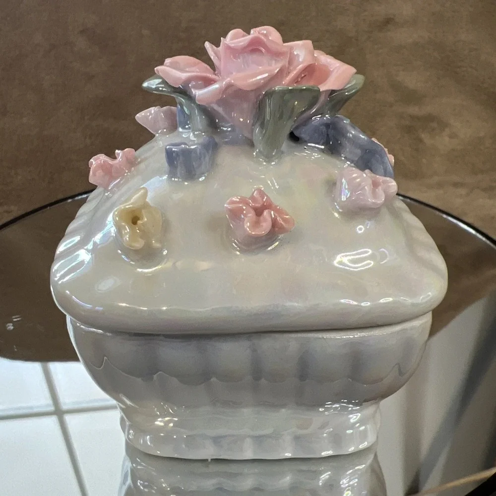 Vintage Lusterware Pink White 3D Roses Trinket Vanity‎ Box 2.5